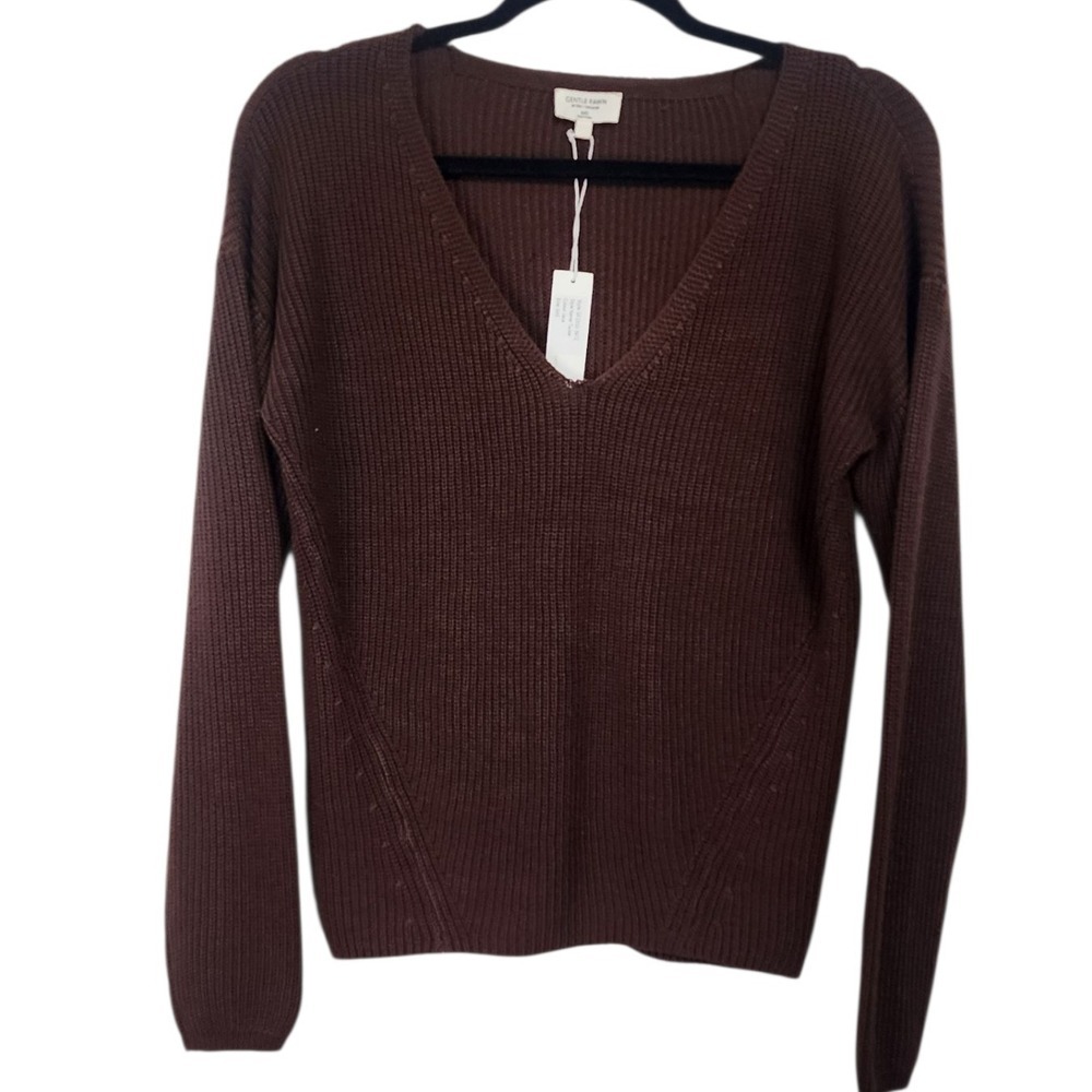Gentle‎ Fawn Tucker V Neck Ribbed Knit Sweater Jumper Top Chocolate Brown